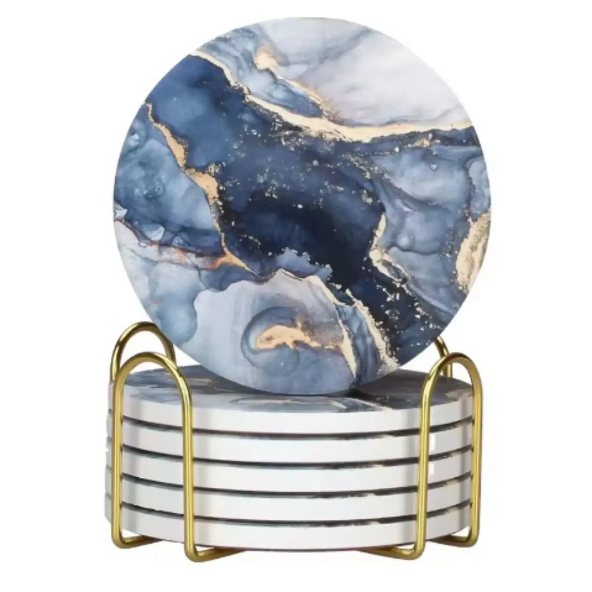 6 pcs Set Marble Ceramic Coasters With Gold Metal Holder