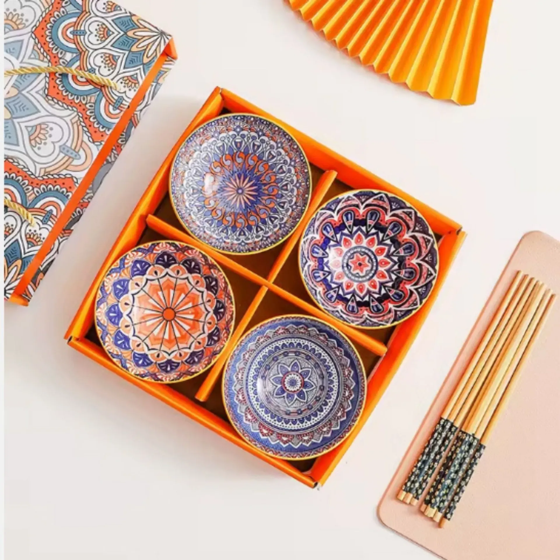 8 pcs Bohemian Ceramic Mandala Bowl Set with Chopsticks