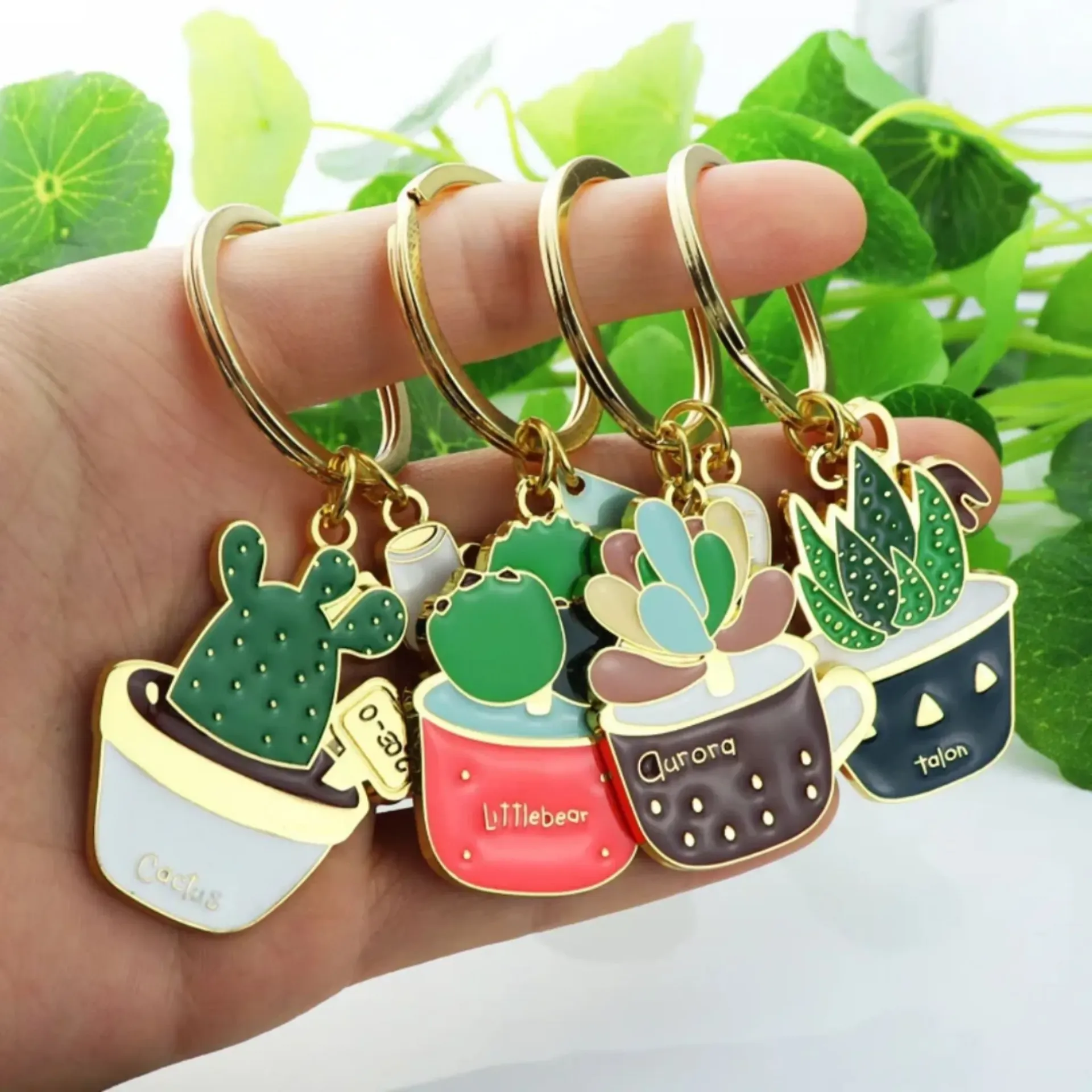 Potted Succulent And Cactus-shaped Metal Alloy Keychains