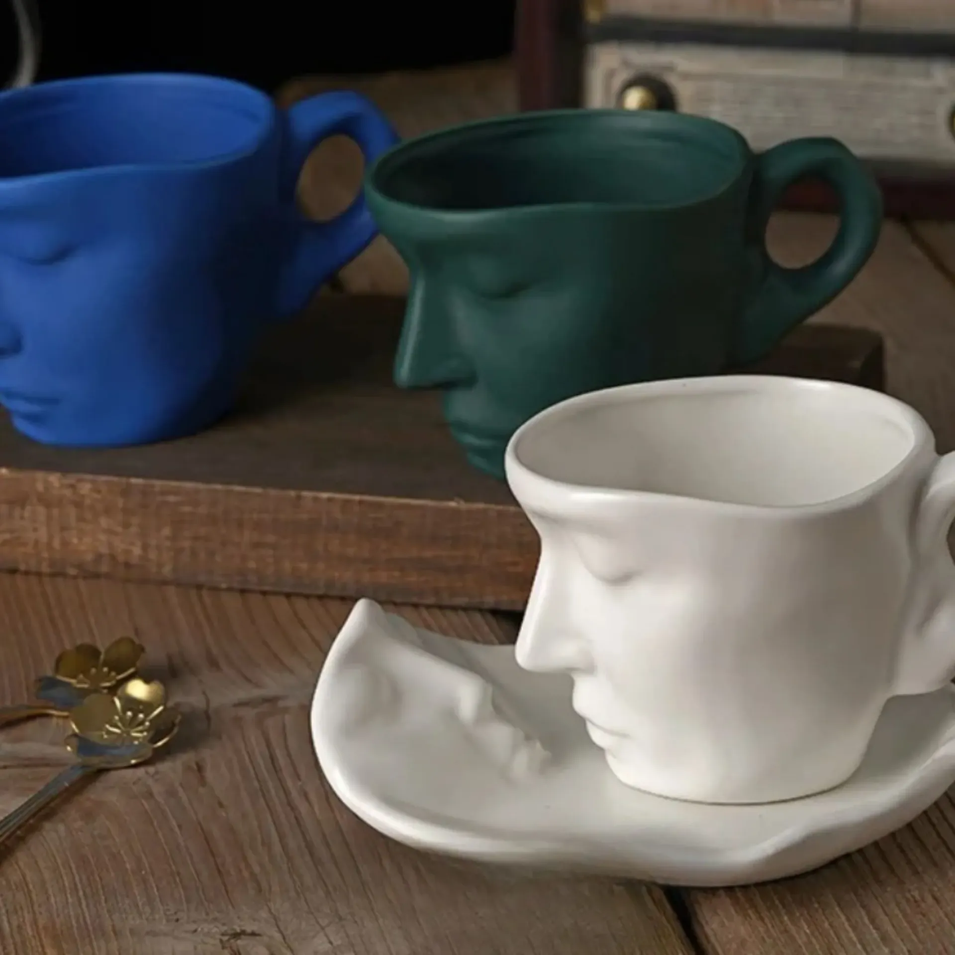 Face Reflection Coffee Cup & Saucers & Spoon