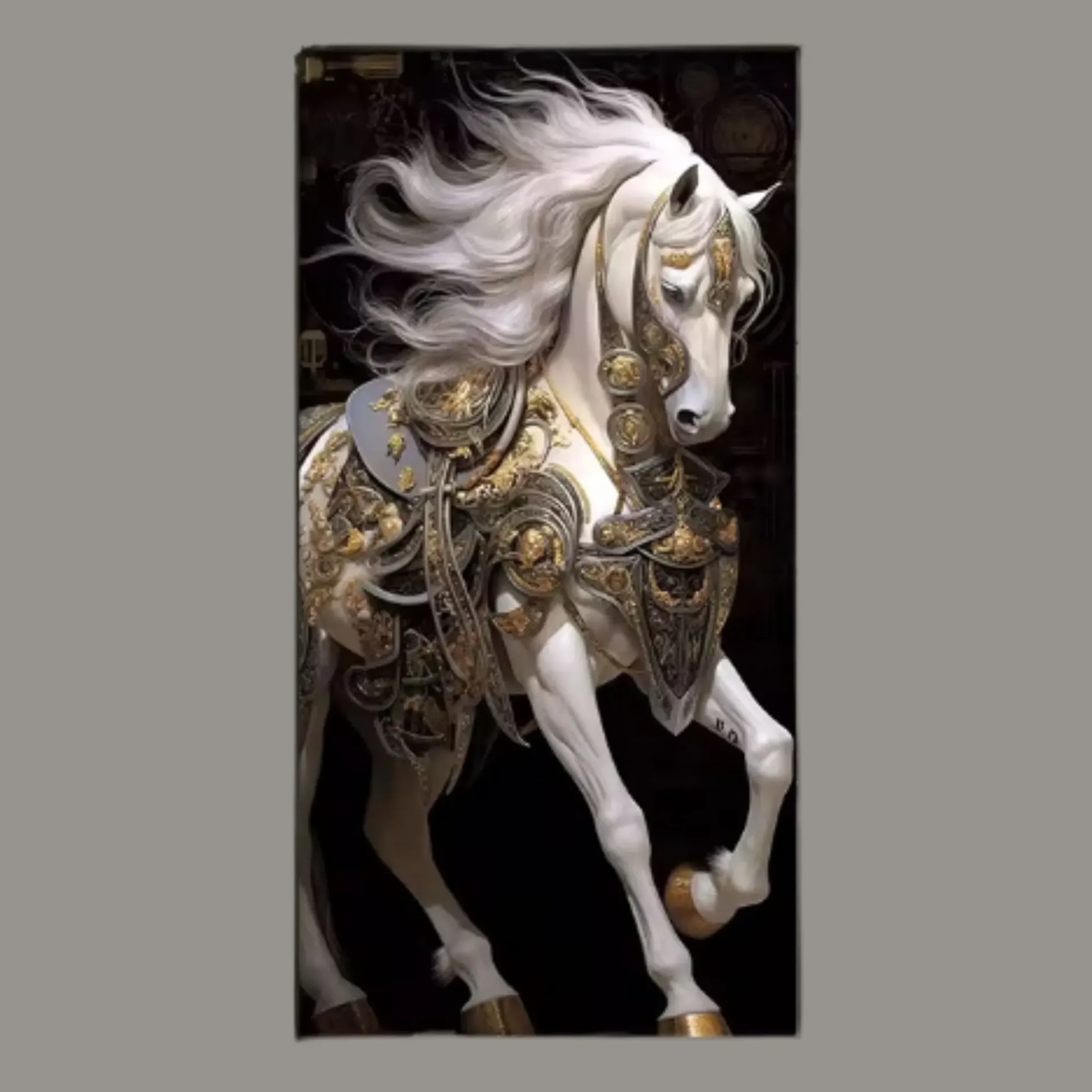 White Horse Crystal Porcelain Wall Painting With Gold Accents + LED light