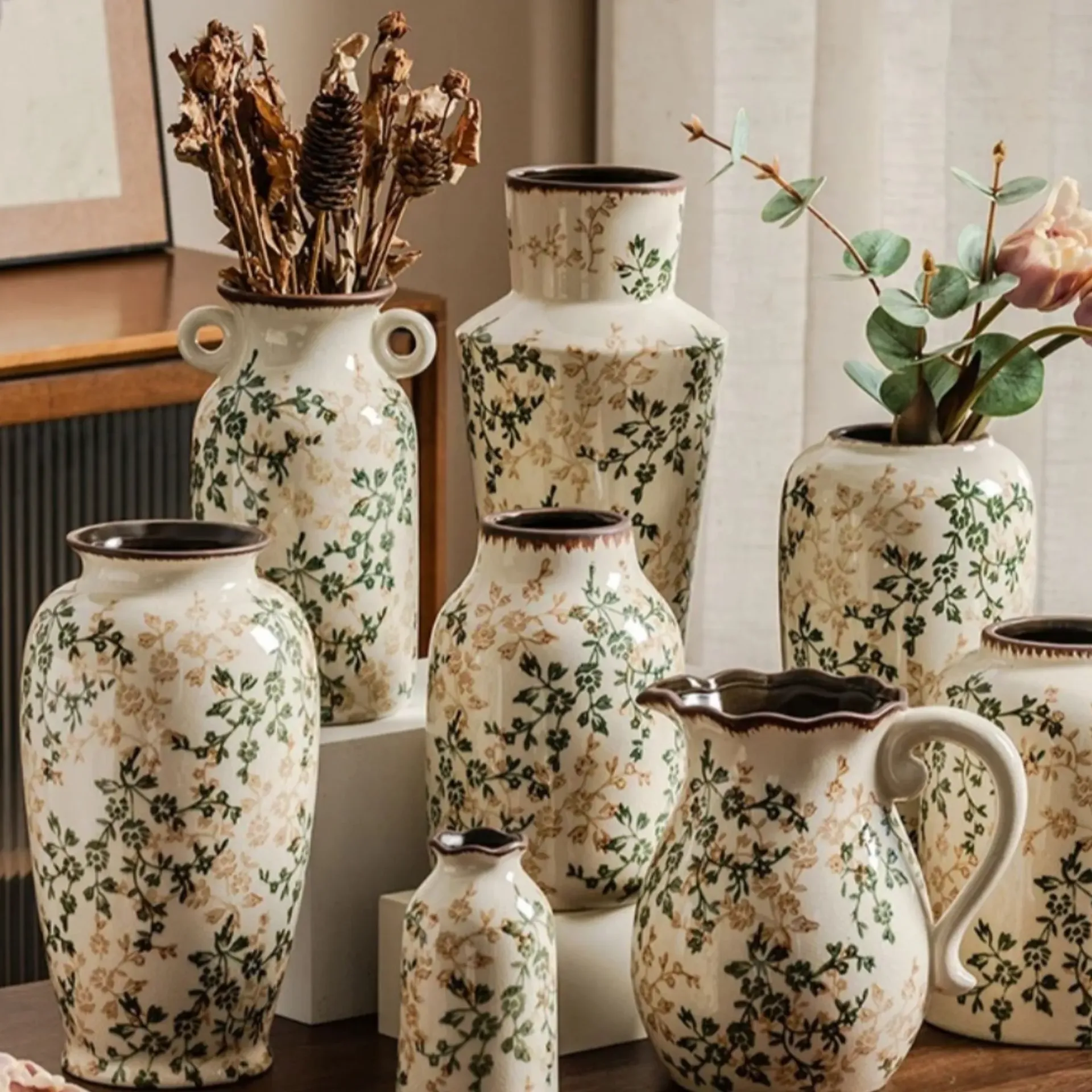 Vintage Inspired Floral Patterned Ceramic Vases